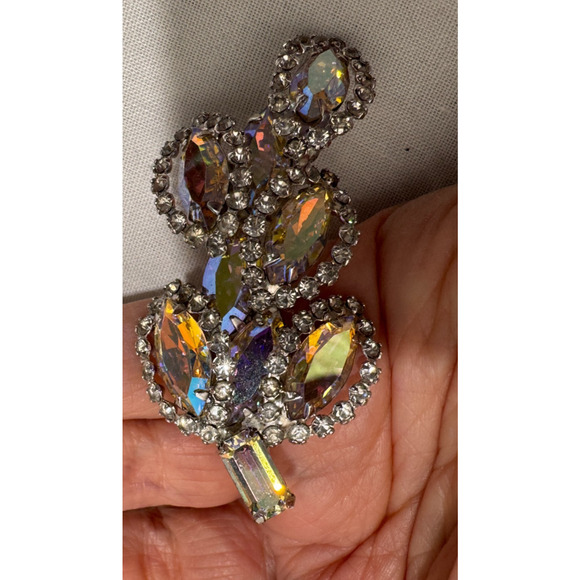 Vtg WEISS Parure Set Marquise Aurora Borealis Brooch Earrings Rhinestone - Picture 6 of 7